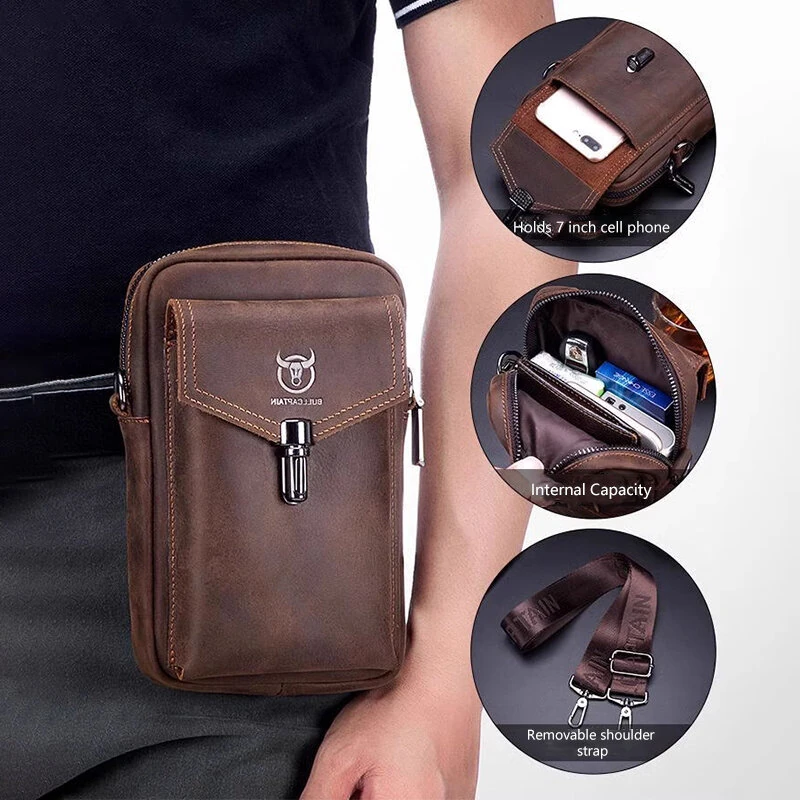 (image for) BULLCAPTAIN Genuine Leather Men's Waist Bags Crossbody Bages Multifunctional 7-inch Mobile Phone Practical Bag for Male Casual Shoulder Messenger Bages